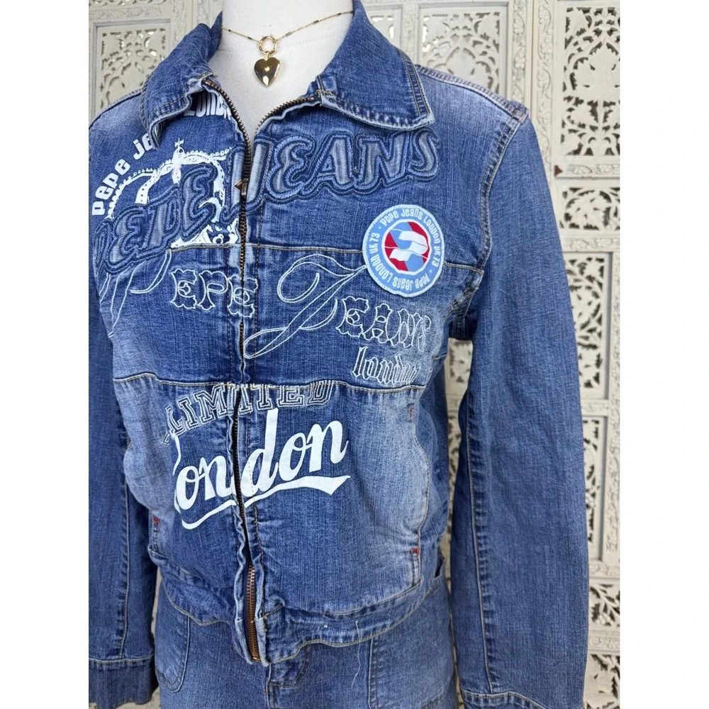 Pepe‎ Jeans London Zip Denim Jacket Sz L Fits S/M Y2K Grunge Graphic Graffiti